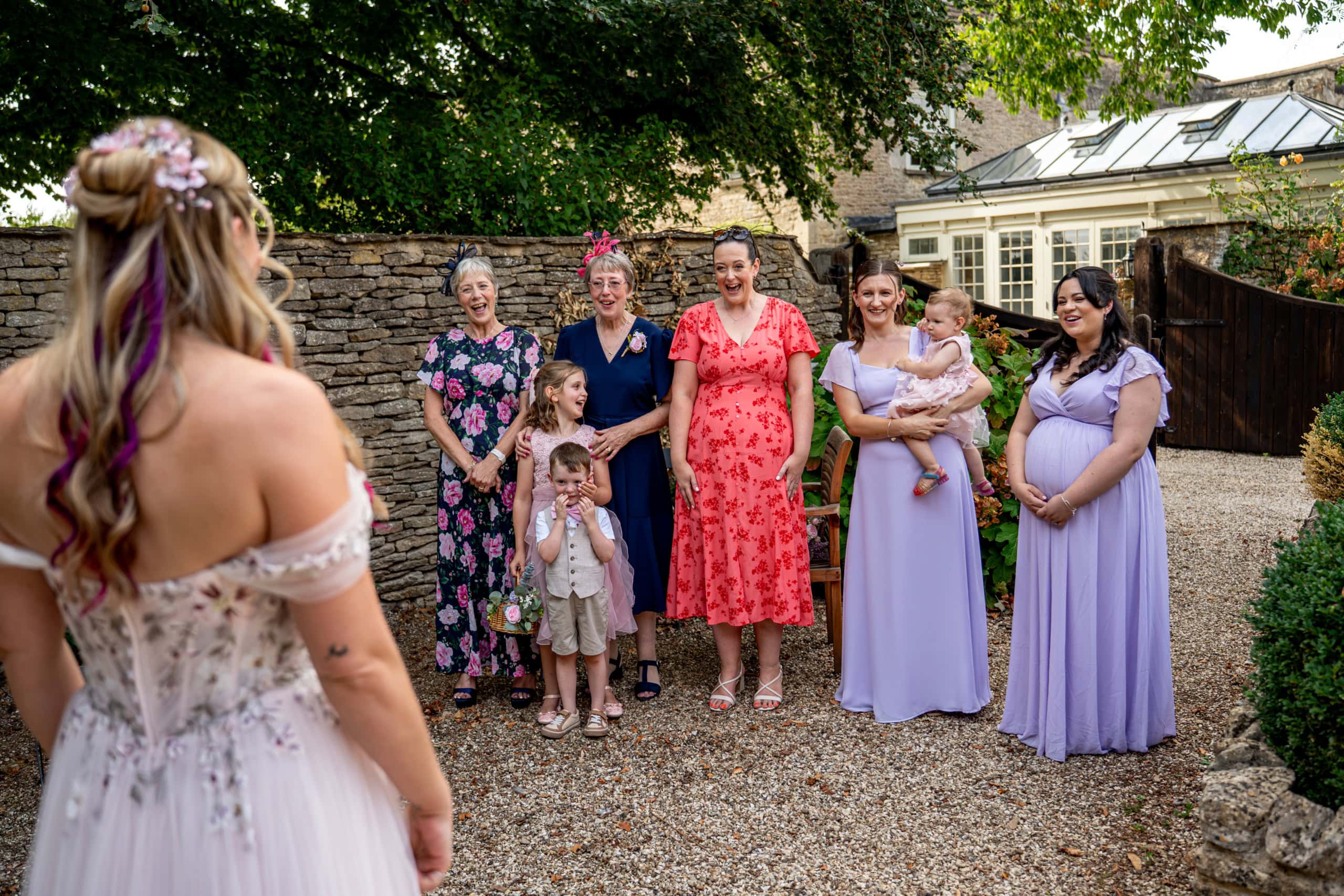 Bridesmaids first look at The Great Tythe Barn Tetbury